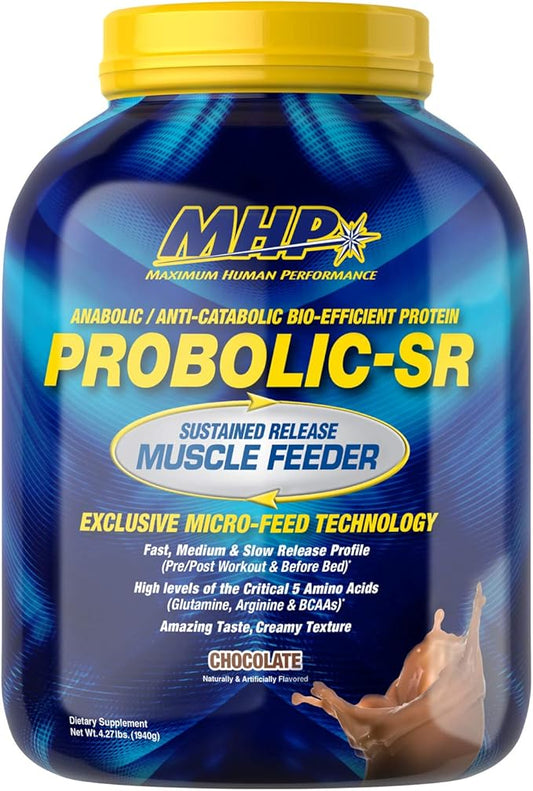 Maximum Human Performance Probolic-SR Sustained Release Protein Powder, 24g Protein, BCAAs, Glutamine, Arginine, Pre-Workout, Post-Workout, Nighttime Protein, 4lbs, 52 Servings, Chocolate