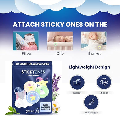 Gemma Joy StickyOnes Sleep Patches for Kids - No Melatonin Sleep Aid Bedtime Patches for Kids with All Natural Sandalwood, Chamomile & Lavender Essential Oil -Sticks to Clothes All Night (30 Stickers)