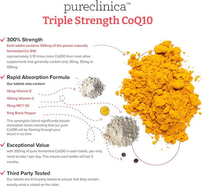 pureclinica Fermented CoQ10 300mg x 180 Tablets (2 Bottles of 90 Tablets) - 6 Months Supply. Non GMO, USP Grade. with Added Vitamin C & Black Pepper Extract for Absorption.