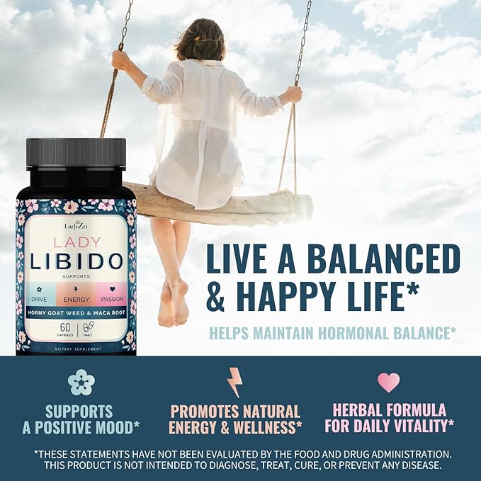 Lady Libido Supplement for Women Support Mood, Drive & Energy, with Hornygoatweed & Maca Root | Female Libido Booster for Women | Hormone Balance Pills to Relieve Stress & Reduce Dryness - 60 Capsules