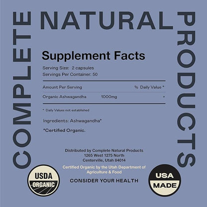 Organic Ashwagandha Capsules - 100 Capsules 500mg Pure Organic Ashwagandha Supplement for Calming Support