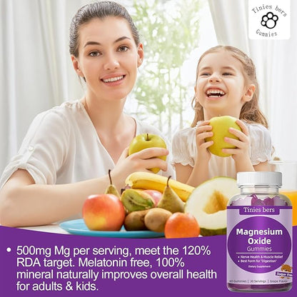 Magnesium Oxide Gummies 500mg, Sugar Free for Adults & Kids, Best Mg Form for ‘Digestion’, for Sleep, Nerve, Head Health, Muscle & Stress Relief, Gluten Free, Non GMO, Vegan, Pectin, 60