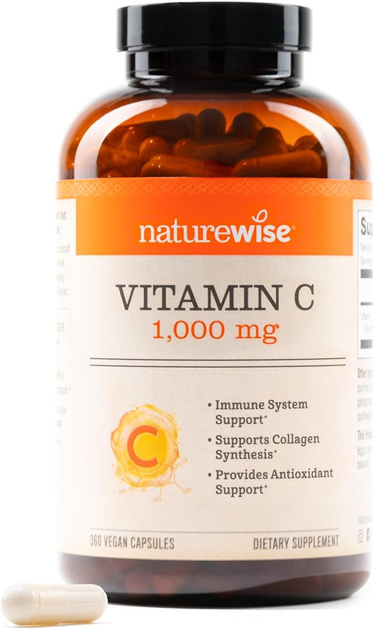NatureWise Vitamin C 1000mg Capsules - Extra Strength Dietary Supplement for Daily Immune Support & Collagen Synthesis - Vegan, Non-GMO, Gluten Free - 360 Count[1-Year Supply]