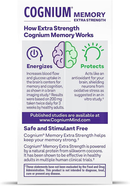 Natrol Cognium Memory Extra Strength Silk Protein Hydrolysate 200mg, Dietary Supplement for Brain Health and Memory Support, 60 Tablets, 30 Day Supply