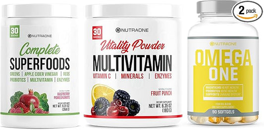 NutraOne Complete Superfoods Greens & Reds Blend - Vitality Vitamin Powder and Mineral Supplement - OmegaOne Omega-3 Fish Oil Supplement - Get Healthy Bundle