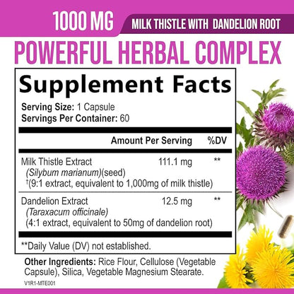 Milk Thistle Extract - Liver Cleanse Detox & Repair Formula with Dandelion Extract 1000mg - Herbal Liver Supplement - Nature's Milk Thistle w/Silymarin Marianum, Supports Liver Health - 60 Capsules