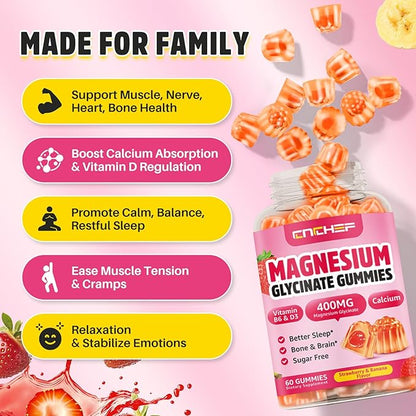 Double-Flavor Magnesium Glycinate Gummies 400MG, Sugar Free Magnesium Supplement Calm Sleep for Women Kids Adults with Vitamin D3, B6 and Calcium, Gluten Free & Vegan Friendly, 60 Count