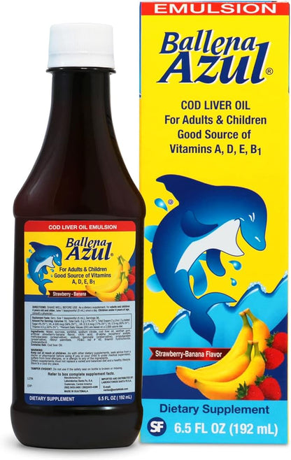 Ballena Azul Aceite de Hígado de Bacalao para Adultos y Niños, COD Liver Oil for Adults and Children, Source of Vitamins A,D,E, B1, Dietary Supplement, Omega 3,Inmune System Boost(Strawberry Banana)