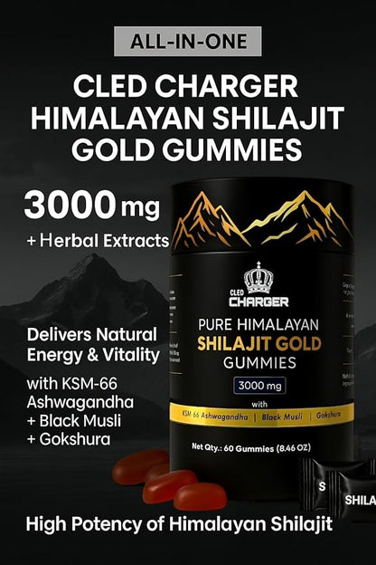 Pure Himalayan Shilajit Gummies Gold with KSM 66 Ashwagandha, Gokshura, Black Musli | Fulvic Acid & 85+ Trace Minerals | Shilajit for Men, Women | 100% Natural and Organic | 60 Gummies