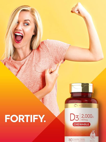 Carlyle Chewable Vitamin D3 2000 IU (50mcg) Tablets | 180 Count | Berry Flavor | Vegetarian, Non-GMO and Gluten Free