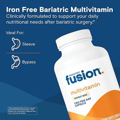 Bariatric Fusion Bariatric Multivitamin Without Iron | Post Bariatric Surgery Patients | Iron Free Bariatric Vitamin for Gastric Bypass and Sleeve Gastrectomy | 180 Capsules | 3 Month Supply