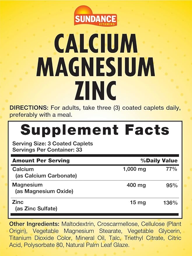Sundance Calcium Magnesium Zinc | 100 Caplets | Essential Mineral Supplement | Vegetarian, Non-GMO, and Gluten Free Formula