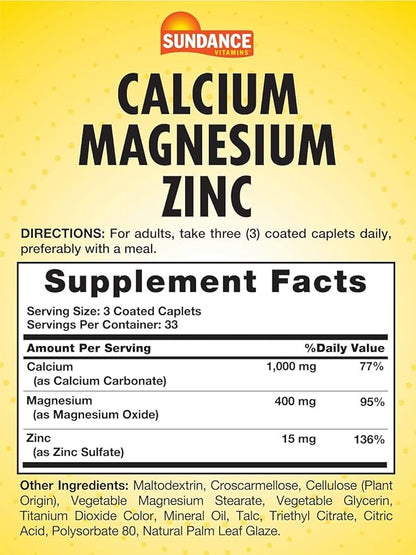 Sundance Calcium Magnesium Zinc | 100 Caplets | Essential Mineral Supplement | Vegetarian, Non-GMO, and Gluten Free Formula