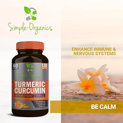 Turmeric Curcumin with Bioperine, Black Pepper Extract for Absorption, Natural Joint Support and Overall Health, 1500mg per Serving, 120 Vegan Capsules