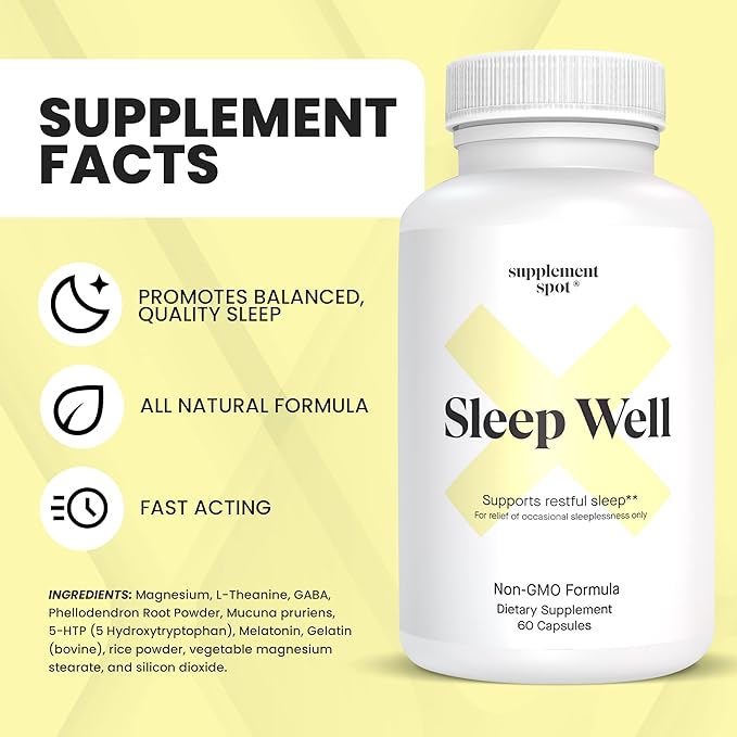 Sleep Well Natural Sleep Aid – Non-Habit Formula Supplement for Adults w/Magnesium, L-Theanine, GABA & Serotonin – Sleep Support Supplement for Adults (60 Capsules, 30 Servings)