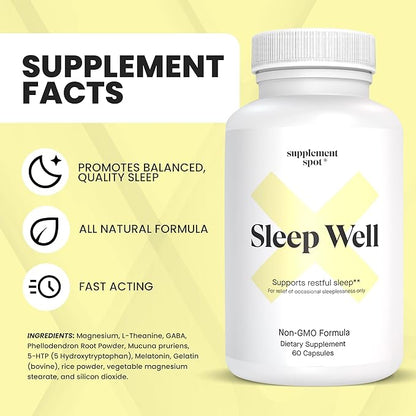 Sleep Well Natural Sleep Aid – Non-Habit Formula Supplement for Adults w/Magnesium, L-Theanine, GABA & Serotonin – Sleep Support Supplement for Adults (60 Capsules, 30 Servings)