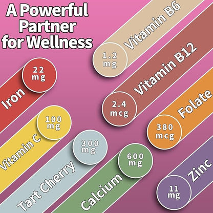 Tart Cherry Iron Supplement for Women & Men, Iron Gummies with Calcium, Zinc, Folate & Vitamin C & B12 for Immune Support, (60 Count) - Sugar Free,Vegan
