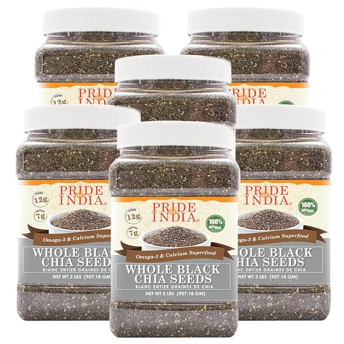 Pride Of India - PACK of 6 - Whole Black Chia Seeds Raw (Pesticide Free)- Omega-3 & Calcium Superfood, 2 Pound Jar