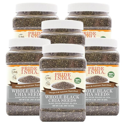 Pride Of India - PACK of 6 - Whole Black Chia Seeds Raw (Pesticide Free)- Omega-3 & Calcium Superfood, 2 Pound Jar