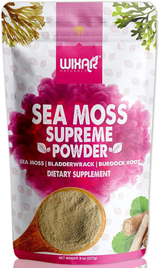 Wixar Wildcrafted Sea Moss Powder – (8 Ounces) – Natural Irish Sea Moss and Bladderwrack with Burdock Powder - Thyroid Support, Healthy Skin, Keto Detox, Joint Support Alkaline Supplements