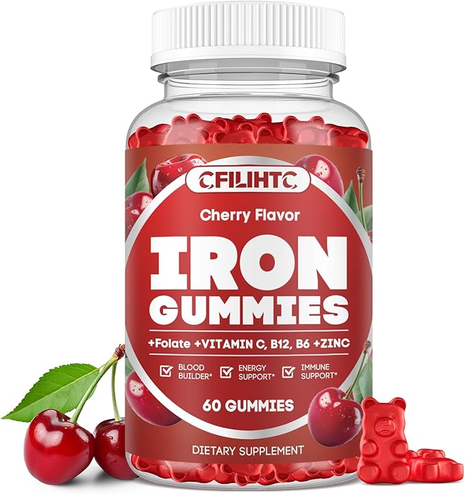 Iron Supplement for Women & Men - Iron Gummies with Vitamin B6, B12, C, Zinc, Folate for Adults & Kids - Support Iron Deficiency, Anemia, Energy Boost, Blood Builder - Sugar Free Vegan 60ct Cherry