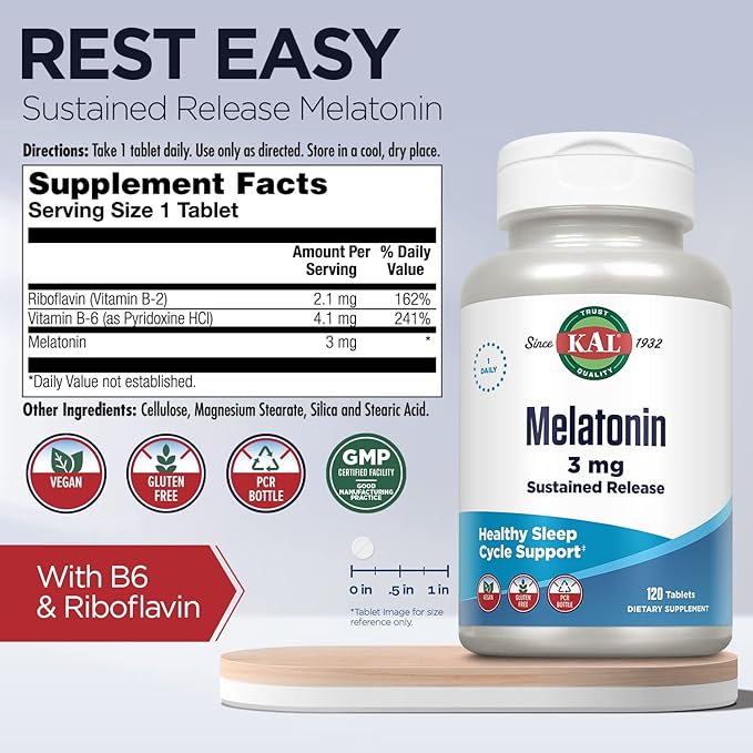 KAL Melatonin 3mg Sustained Release Sleep Aid, Melatonin Supplement Supports Healthy Relaxation, a Calm Feeling and a Proper Sleep Cycle, w/Added Vitamin B6, Vegan, Gluten Free, 120 Serv, 120 Tablets