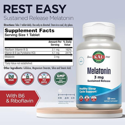 KAL Melatonin 3mg Sustained Release Sleep Aid, Melatonin Supplement Supports Healthy Relaxation, a Calm Feeling and a Proper Sleep Cycle, w/Added Vitamin B6, Vegan, Gluten Free, 120 Serv, 120 Tablets