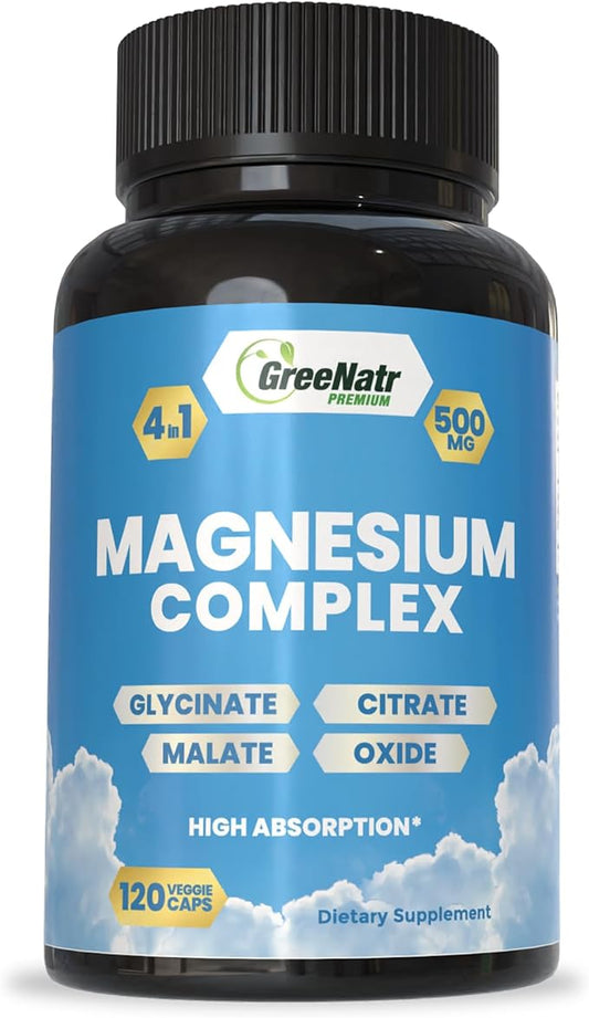Magnesium Complex Supplement - Magnesium Supplements with Glycinate, Citrate, Malate & Oxide - Magnesium Tablets for Digestion, Sleep, Heart Health, & Energy - Magnesium Vitamins 120 Counts