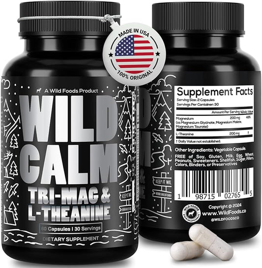Wild Foods Tri-Mag & L-Theanine – Triple Magnesium Complex for Sleep w/L Theanine – Magnesium Glycinate, Malate, Taurate – 100% Natural – 60 Capsules