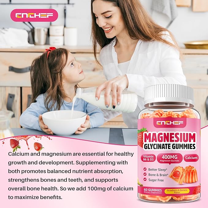 Double-Flavor Magnesium Glycinate Gummies 400MG, Sugar Free Magnesium Supplement Calm Sleep for Women Kids Adults with Vitamin D3, B6 and Calcium, Gluten Free & Vegan Friendly, 60 Count