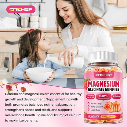 Double-Flavor Magnesium Glycinate Gummies 400MG, Sugar Free Magnesium Supplement Calm Sleep for Women Kids Adults with Vitamin D3, B6 and Calcium, Gluten Free & Vegan Friendly, 60 Count