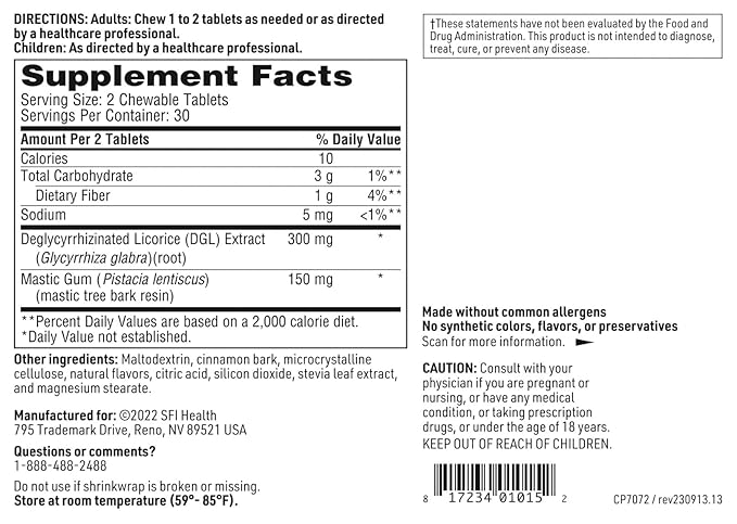 Klaire Labs SFI Health Mastic Gum/DGL Licorice Chewable Tablets - Cinnamon-Flavored - Support GI Function & Digestive Comfort - Gentle Deglycyrrhizinated & Rhizome Licorice Supplement (60 Tablets)
