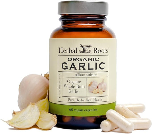 Herbal Roots Organic Whole Bulb Garlic Pills - Potent Extra Strength | 600 mg - 60 Organic Vegan Capsules