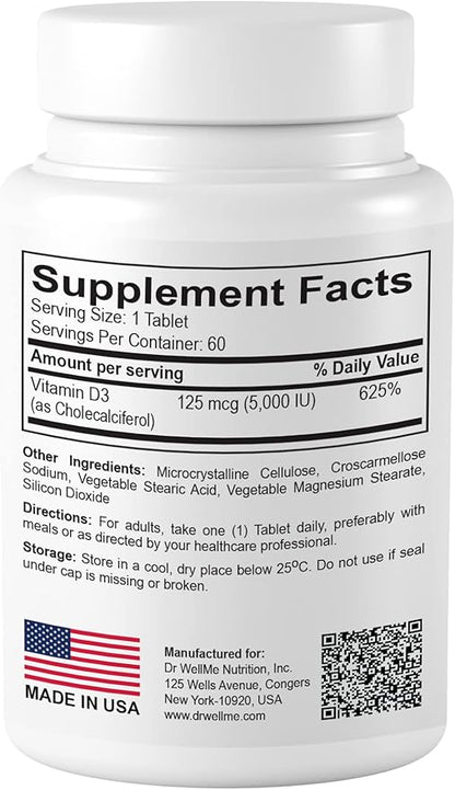 Vitamin D3-5000 IU, Extra Strength Dietary Supplement for Bone, Muscle and Healthy Immune Support, 60 Tablets Easy-to-Swallow Packed for 2 Month Supply