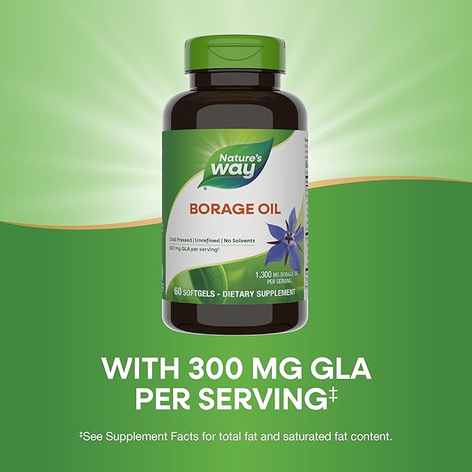 Nature's Way Borage Oil, Cold Pressed & Unrefined, GLA Supplement, 300 mg GLA and 440 mg Linoleic Acid per Serving, 60 Softgels (Packaging May Vary)
