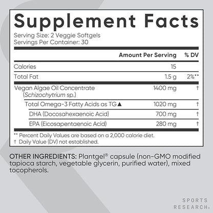 Sports Research Vegan Omega-3 Fish Oil Alternative from Algae Oil - Highest Levels of DHA & EPA Fatty Acids | Non-GMO Verified & Vegan Certified - Fresh Lemon Scent - 60 Veggie Softgels