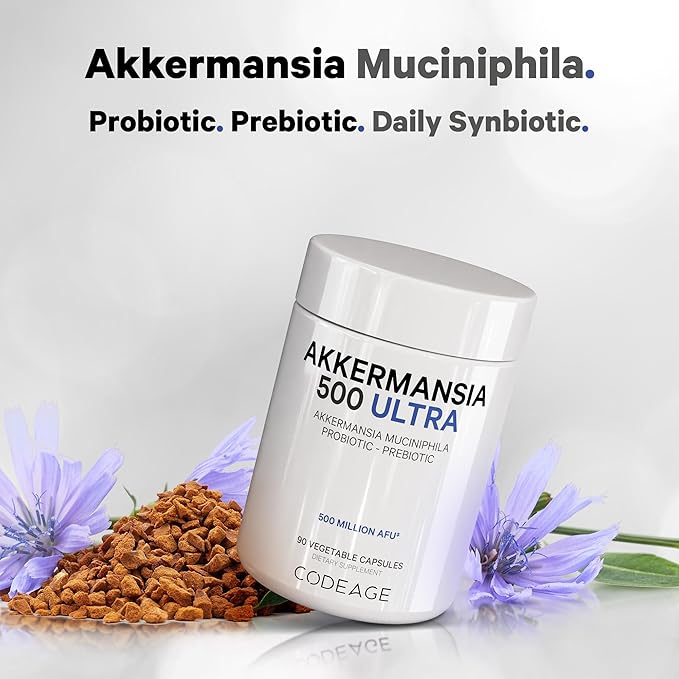 Codeage Akkermansia Muciniphila Probiotic Ultra - High-Potency 500M AFUs Akkermansia Probiotic Supplement - Enhanced Daily Probiotic & Prebiotic, Chicory Inulin - 3-Month Supply - 90 Capsules