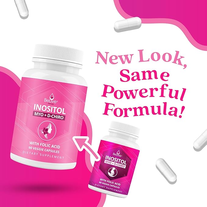 BeLive Myo-Inositol & D-Chiro Inositol Capsules - 90Ct I Inositol Supplement with Folic Acid Supplements for Woman, Optimal 40:1 Ratio - 2 Pack
