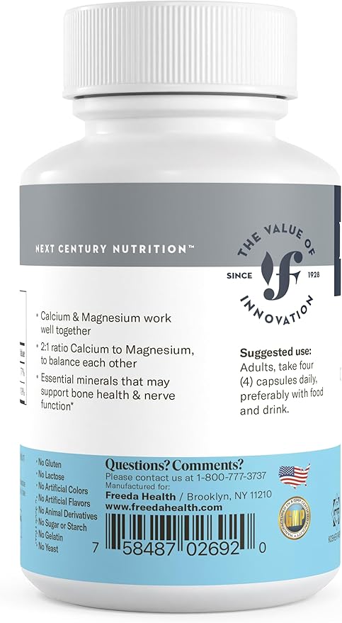 Freeda Super Cal/Mag – Kosher Vegan Bone Health Supplement – Supports Bone Strength, Nerve Function & Muscle Relaxation – Vegetarian Calcium Magnesium Capsules – Third-Party Tested – 250 Capsules