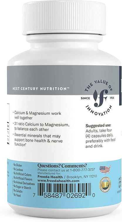 Freeda Super Cal/Mag – Kosher Vegan Bone Health Supplement – Supports Bone Strength, Nerve Function & Muscle Relaxation – Vegetarian Calcium Magnesium Capsules – Third-Party Tested – 250 Capsules