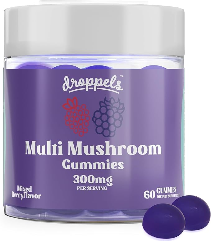 Droppels Multi Mushroom Gummies | Vegan, Pectin-Based & Non-GMO Mushroom Extracts | Maitake, Shiitake, Turkey Tail, Chaga, Reishi & Lion's Mane Mushroom Supplement | Mixed Berries Flavor, 60 Count