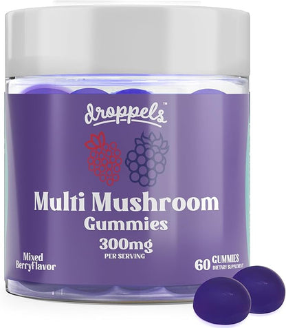 Droppels Multi Mushroom Gummies | Vegan, Pectin-Based & Non-GMO Mushroom Extracts | Maitake, Shiitake, Turkey Tail, Chaga, Reishi & Lion's Mane Mushroom Supplement | Mixed Berries Flavor, 60 Count