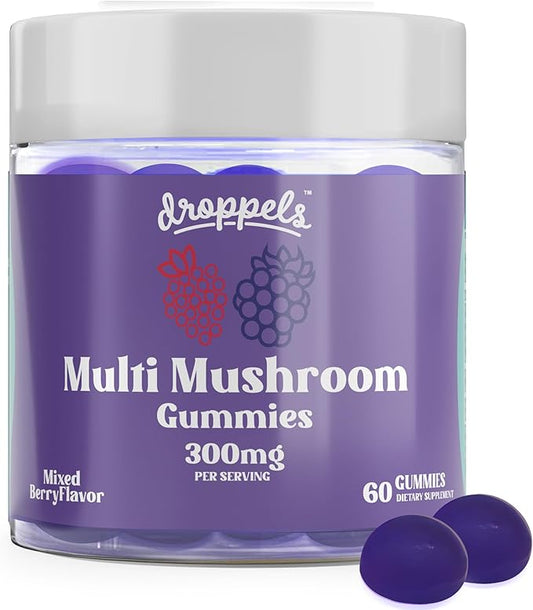 Droppels Multi Mushroom Gummies | Vegan, Pectin-Based & Non-GMO Mushroom Extracts | Maitake, Shiitake, Turkey Tail, Chaga, Reishi & Lion's Mane Mushroom Supplement | Mixed Berries Flavor, 60 Count