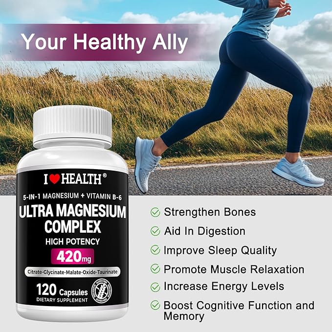 Magnesium Complex Supplement 420mg- 30mg Vitamin B6-5 in 1 Ultra Absorption Magnesium Glycinate, Oxide, Malate, Taurate & Citrate - Vegan Non-GMO Mag120 Capsules for Sleep, Muscle, Energy & Heart