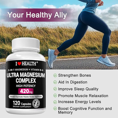 Magnesium Complex Supplement 420mg- 30mg Vitamin B6-5 in 1 Ultra Absorption Magnesium Glycinate, Oxide, Malate, Taurate & Citrate - Vegan Non-GMO Mag120 Capsules for Sleep, Muscle, Energy & Heart