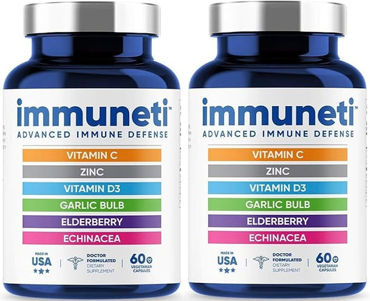 Immuneti - Advanced Immune Defense, 6-in-1 Powerful Blend of Vitamin C, Vitamin D3, Zinc, Elderberries, Garlic Bulb, Echinacea - 2 Pack - Supports Overall Health
