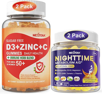 Bundle: Sugar Free Vitamin C + D3 + Zinc Gummies for Adults & Melatonin 10mg 20mg Night Time Metabolism Sleep Gummies