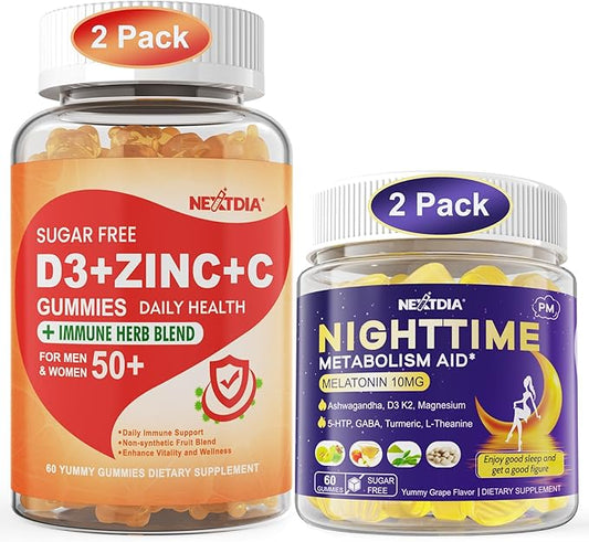 Bundle: Sugar Free Vitamin C + D3 + Zinc Gummies for Adults & Melatonin 10mg 20mg Night Time Metabolism Sleep Gummies