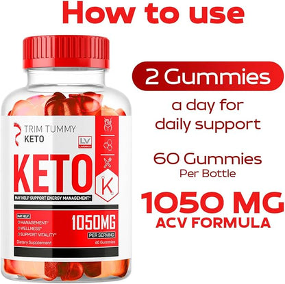 Trim Tummy Keto ACV Gummies 1050MG, Keto Apple Cider Vinegar - Advanced Formula, 60 Gummies for 1 Month