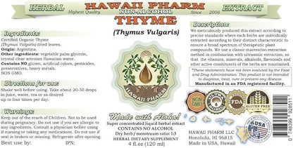 Hawaii Pharm Thyme Alcohol-Free Liquid Extract, Organic Thyme (Thymus Vulgaris) Dried Leaf Glycerite Natural Herbal Supplement, USA 2x2 fl.oz